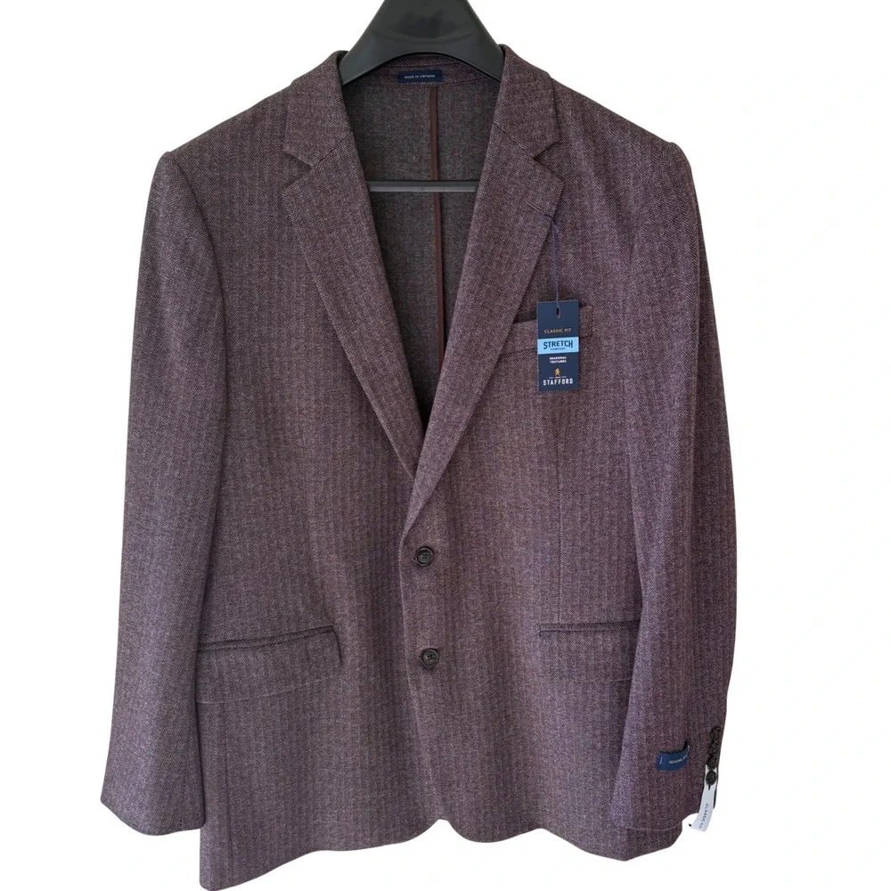 Stafford Mens 46R Burgundy Herringbone Classic Fit Stretch Blazer Sport Coat NEW